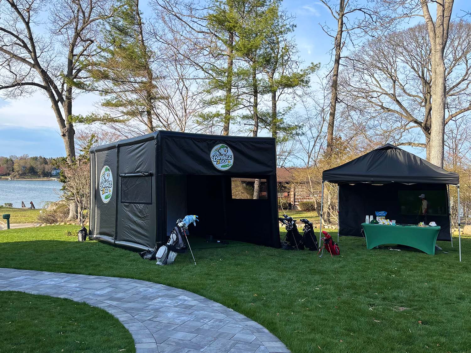 Birdiez2Go mobile golf simulator setup by the lake